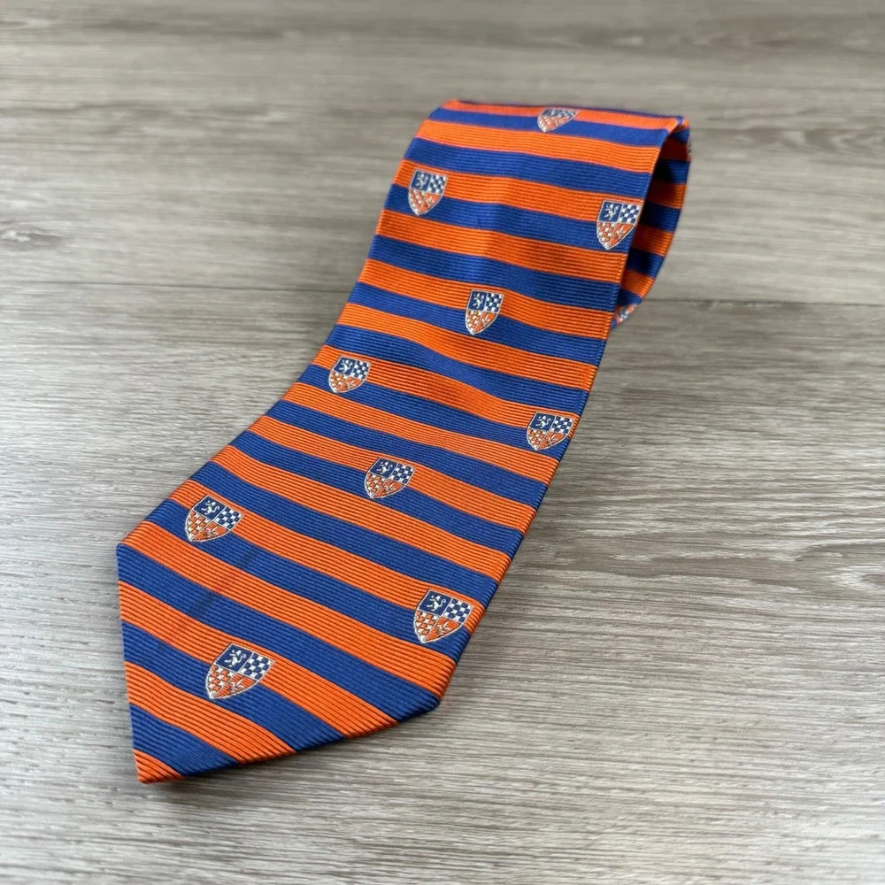 Brooks Brothers Mens Necktie Silk Striped Crest Orange Blue 3.75in OS